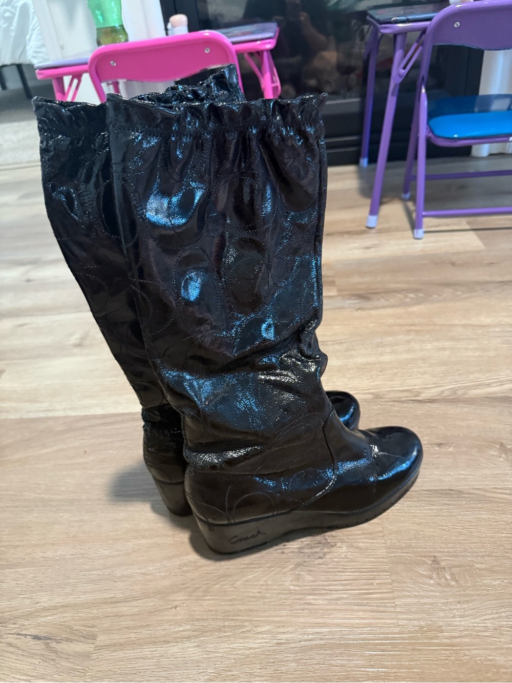 Coach Ceejay black patent leather wedge boots